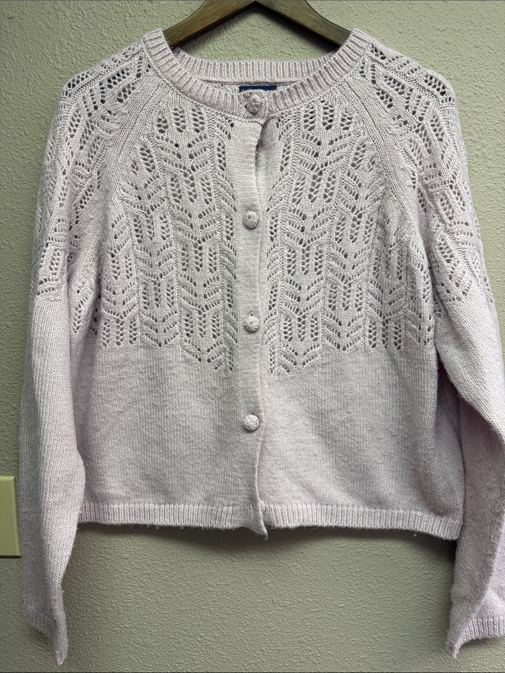 Lands' End Pale light lilac  open knit  Button-Front Cardigan